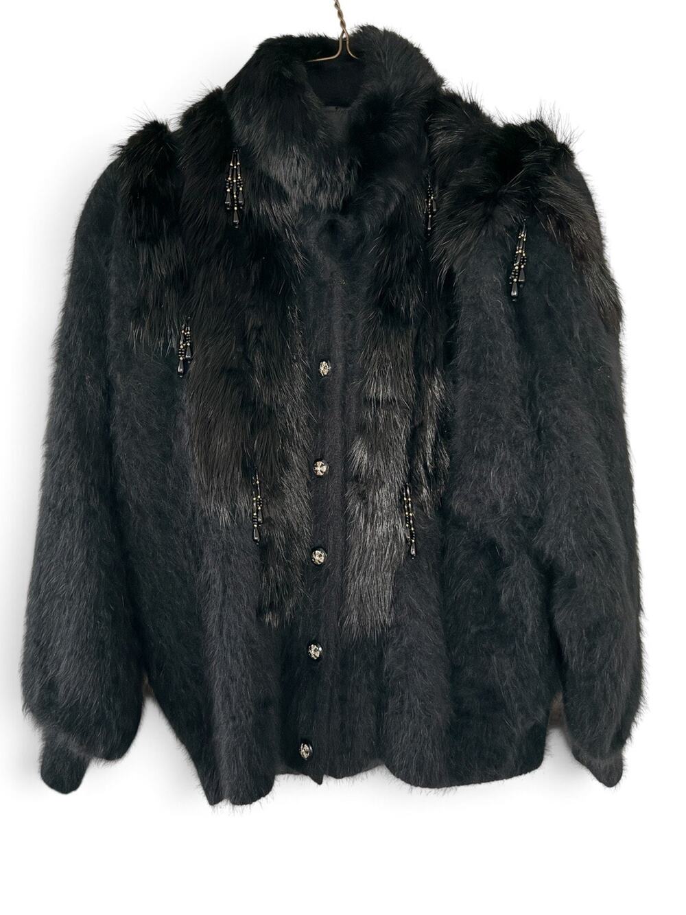 Vintage 80s Oversized Beaded Black Angora Feel Wool + Fur Sweater Jacket M L